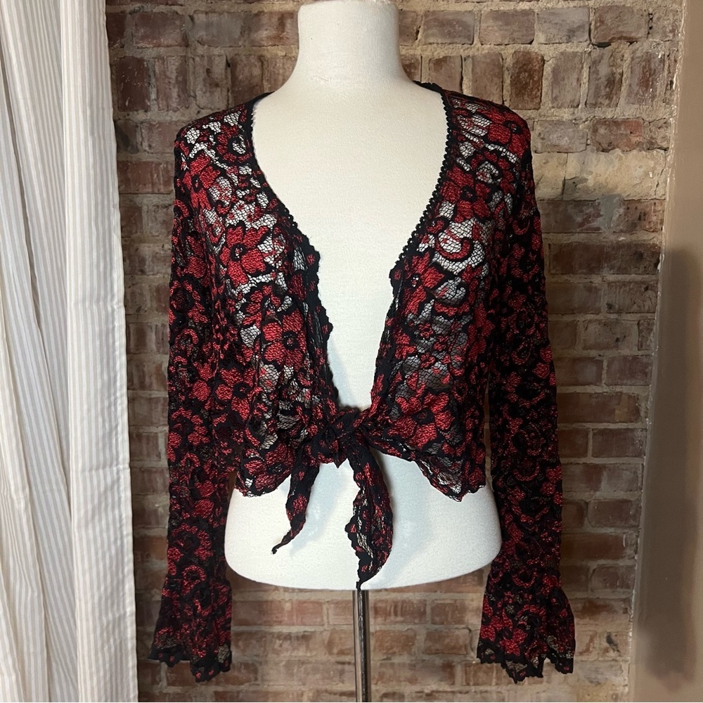 Vintage Red and Black Lace Floral Tie-Front Cardigan -Size M -TP21
